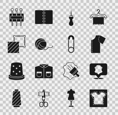 Dikiş deseni, Deri, Awl aracı, iplik topu, tekstil kumaş rulosu, dikiş iğnesi ve güvenlik iğnesi simgesi. Vektör