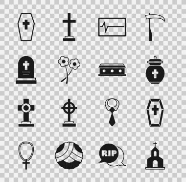 Kilise binası, çapraz tabut, cenaze vazosu, Beat ölü monitörü, Çiçek, mezar taşı ve ikon. Vektör
