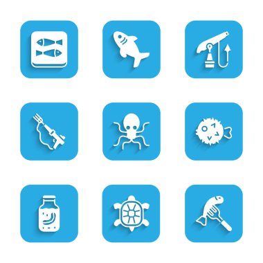 Ahtapot, Kaplumbağa, tabakta balık, kirpi, kavanozda deniz hıyarı, balık zıpkını ve konserve ikonu. Vektör