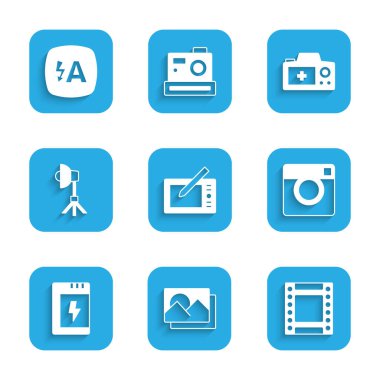 Grafik tableti, fotoğraf çerçevesi, kamera rulo kartuşu, kamera, pil for, Softbox ışığı ve otomatik flaş simgesini ayarla. Vektör