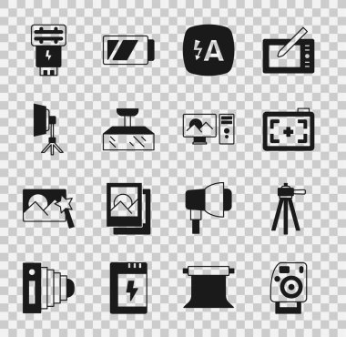 Fotoğraf makinesi, Tripod, otomatik flaş, Softbox ışığı ve rötuş simgesini ayarla. Vektör