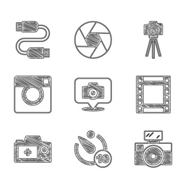 Fotoğraf makinesini, kamera zamanlayıcısını, flaş, rulo kartuşu ve USB kablo ikonu ile ayarla. Vektör