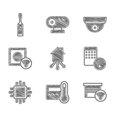 Smart evini, termostatı, garajı, hava nemlendiricisini, işlemcili işlemciyi, elektrik prizini, hareket sensörünü ve elektrikli diş fırçası ikonunu ayarla. Vektör