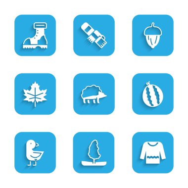 Kirpi, Ağaç, Süveter, Karpuz, Küçük Piliç, Yaprak veya Yaprak, Meşe ve Su geçirmez Lastik Çizme ikonu. Vektör