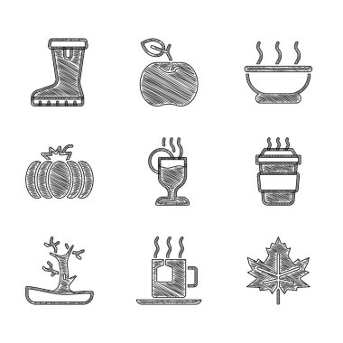 Sıcak şarap, çay poşetli çay, yapraklı çay, paket kahve fincanı, çıplak ağaç, balkabağı, sıcak çorba ve su geçirmez lastik bot ikonu. Vektör