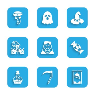 Vampir, Tırpan, Giyotin, Şeker, İksirli Şişe, Kale, Cadı şapkası ve Psilocybin mantar ikonu. Vektör