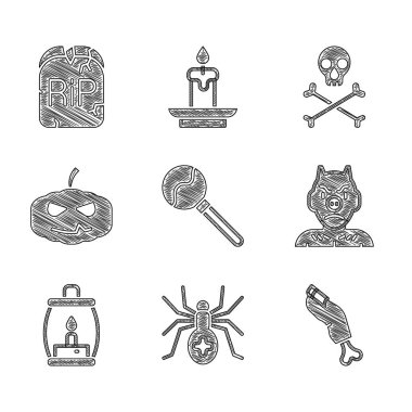 Lollipop, Spider, Zombie finger, Krampus, hatta Kamp Feneri, Balkabağı, Kafatası 'nı çapraz kemiklere ve RIP yazılı ikonla Tombstone' a ayarla. Vektör