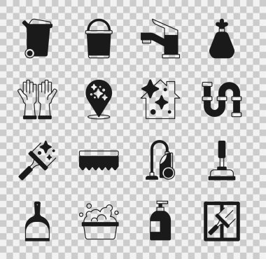 Camlar, pompa, endüstriyel metalik boru, su musluğu, ev temizleme servisi, eldivenler, çöp tenekesi ve ikon için temizleyici ayarla. Vektör