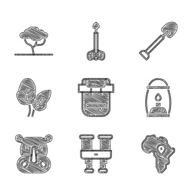 Yürüyüş sırt çantası, dürbün, Afrika haritası, kamp feneri, gergedan, tropikal yapraklar, kürek ve Afrika ağaç ikonu. Vektör