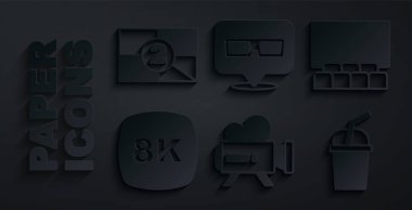 Retro sinema kamerası, ekranlı sinema salonu, 8k Ultra HD, kağıt cam su, 3D bardaklar ve eski film geri sayım çerçeve simgesi. Vektör