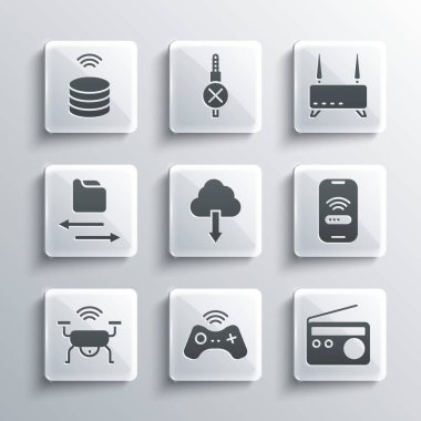 Kablosuz oyun alanı, Radyo, Mobil kablosuz ağ, Bulut indirme, Akıllı İHA sistemi, Aktarım dosyaları, veri sunucusu, Router ve sinyal simgesini ayarla. Vektör