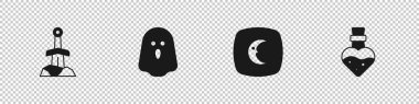 Kılıcı taştan Hayalet Ay 'a, yıldızlara ve iksir ikonuyla şişeye yerleştir. Vektör.