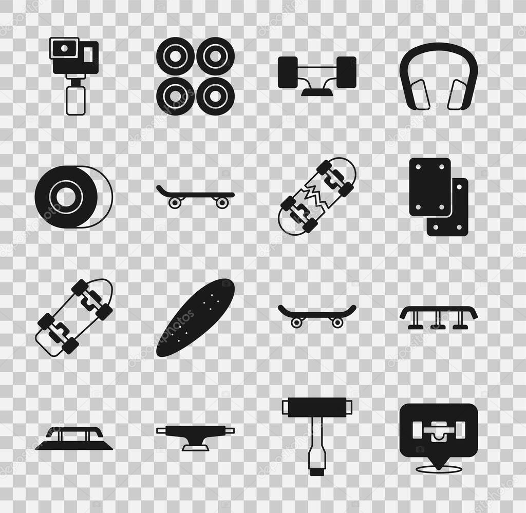 Set Skateboard wheel, stairs with rail, Knee pads, Action camera and Broken skateboard icon. Vector