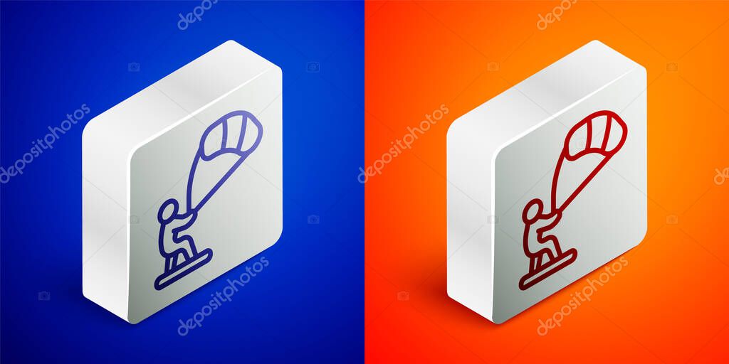 Isometric line Kitesurfing icon isolated on blue and orange background. Silver square button. Vector