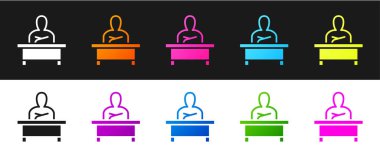 Öğrenci 'yi siyah beyaz arka planda izole bir şekilde masa simgesinde oturt. Vektör