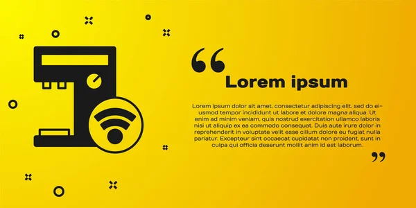 Black Smart coffee machine system icon isolated on yellow background. Internet of things concept with wireless connection. Vector — Stock Vector