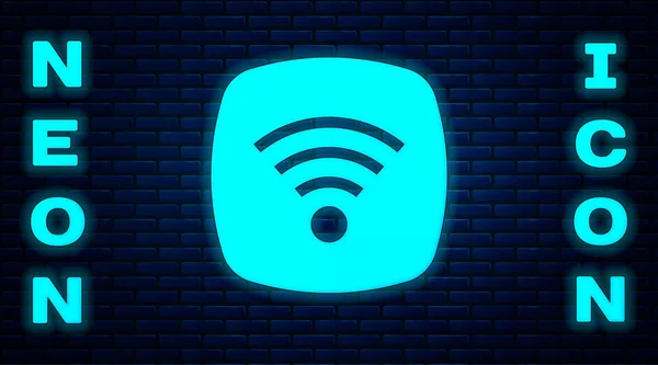 Zářící neon Wi-Fi bezdrátové připojení k internetu symbol ikona izolované na cihlové zdi pozadí. Vektor — Stockový vektor