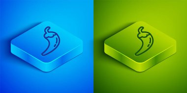 Isometric Line Hot chili biber kabuğu simgesi mavi ve yeşil arkaplanda izole edildi. Market, mutfak ürünleri, baharat ve baharat paketi, yemek kitabı için tasarım. Kare düğmesi. Vektör