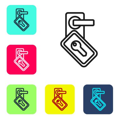 Beyaz arkaplanda izole edilmiş ikonu açmak için kablosuz teknolojiye sahip siyah çizgi dijital kapı kilidi. Kapı kolu tabelası. Güvenlik akıllı ev. Renkli kare düğmelerle simgeleri ayarla. Vektör