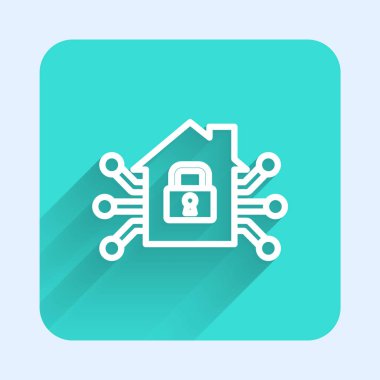 Beyaz çizgi Akıllı ev simgesi uzun gölgeli izole edilmiş. Uzaktan kumanda. Yeşil kare düğmesi. Vektör