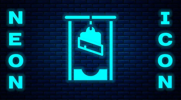 Glowing neon Guillotine medieval execution icon isolated on brick wall background. Vector — Stock Vector
