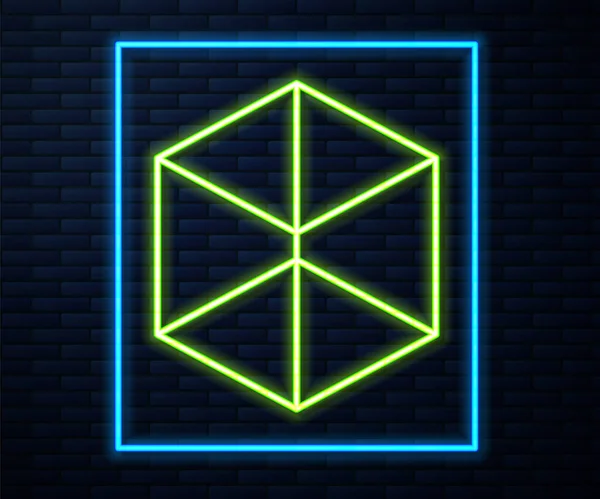 Glödande neon linje Geometrisk figur Cube ikon isolerad på tegel vägg bakgrund. Abstrakt form. Geometrisk prydnad. Vektor — Stock vektor