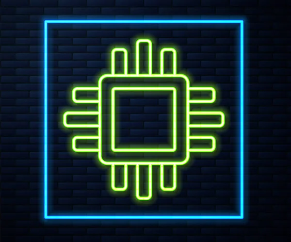 Glowing neon line Computer processor with microcircuits CPU icon isolated on brick wall background. Chip or cpu with circuit board. Micro processor. Vector — Stock Vector