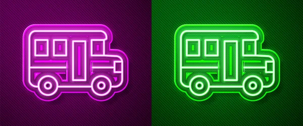 Сяюча неонова лінія піктограма шкільного автобуса ізольована на фіолетовому і зеленому тлі. Символ громадського транспорту. Векторні — стоковий вектор