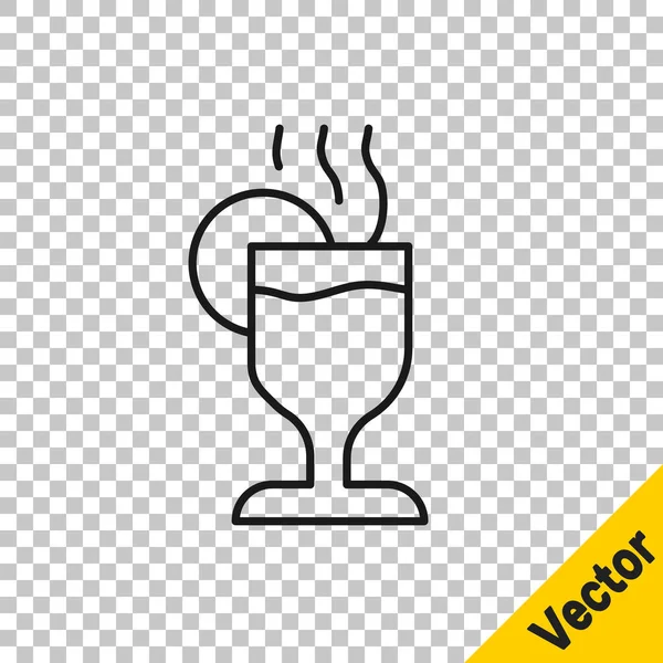 Línea negra Vino caliente con copa de bebida e ingredientes icono aislado sobre fondo transparente. Palo de canela, clavo de olor, rodaja de limón. Vector — Vector de stock