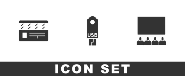 Definir palmas de filme, unidade flash USB e auditório de cinema com ícone de tela. Vetor —  Vetores de Stock