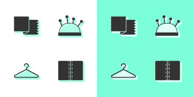 Tekstil kumaş rulosunu, elbise dolabını ve iğne ve iğne ikonunu hazırla. Vektör