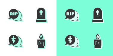 Yanan mumu, konuşma baloncuğunun ölümü, haç ve mezar taşı ikonuyla mezarı hazırla. Vektör