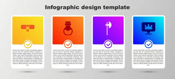 Definir Decreto, pergaminho, pergaminho, veneno em garrafa, machado medieval e localização coroa rei. Modelo de infográfico de negócios. Vetor — Vetor de Stock