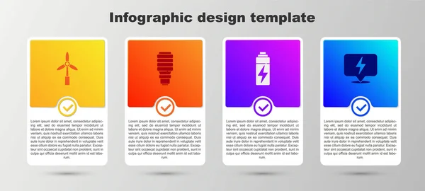 Definir turbina eólica, lâmpada LED, bateria e relâmpago parafuso. Modelo de infográfico de negócios. Vetor — Vetor de Stock