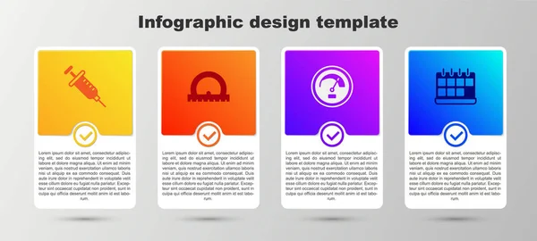 Definir seringa, transferidor, velocímetro e calendário. Modelo de infográfico de negócios. Vetor — Vetor de Stock