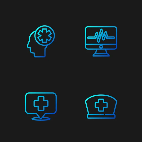 Set línea Gorro de enfermera con cruz, mapa puntero hospital, cabeza masculina y monitor cardiograma. Iconos de color degradado. Vector — Vector de stock