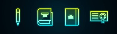 Silgi, Kitap, Spiral defter ve sertifika şablonu ile satır ayarla. Parlayan neon ikonu. Vektör