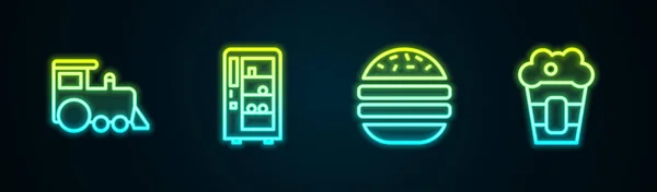 Oyuncak tren, otomatik satış makinesi, Burger ve patlamış mısır kutusu. Parlayan neon ikonu. Vektör — Stok Vektör