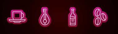 Sıra kahve fincanı, mandolin, şişe şarap ve fasulye. Parlayan neon ikonu. Vektör