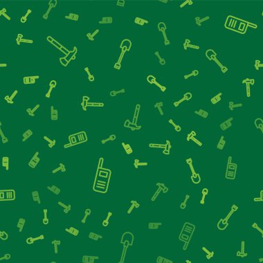 İtfaiyeci baltası, telsiz telsizi ve küreği düzgün bir şekilde yerleştir. Vektör.