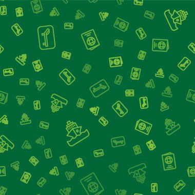 Güneş yatağı ve şemsiyesi, seyir gemisi ve pasaport hatları kusursuz. Vektör.