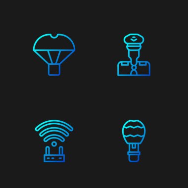 Hattı ayarla Sıcak hava balonu, Router ve kablosuz ağ sinyali, uçan paraşüt ve Pilot. Renk simgeleri. Vektör.