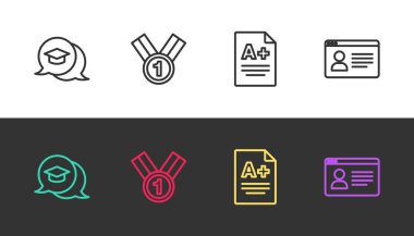 Konuşma balonunda, Medal 'de, Sınav kağıdında A + ve Online sınıfta siyah ve beyaz olarak derecelendirmeyi ayarla. Vektör.