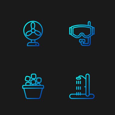 Sahil duşu, buz kovası, elektrikli vantilatör ve dalış maskesi. Renk simgeleri. Vektör.