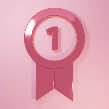 Pembe madalyalı ikon, pembe arka planda izole edilmiş. Kazanan başarı işareti. Ödül madalyası. Minimalizm kavramı. 3 Boyutlu resimleme.