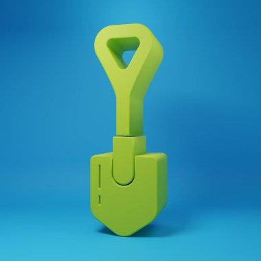 Green Shovel icon isolated on blue background. Gardening tool. Tool for horticulture, agriculture, farming. Minimalism concept. 3D render illustration.