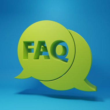 Green Speech bubble with text FAQ information icon isolated on blue background. Circle button with text FAQ. Minimalism concept. 3D render illustration.