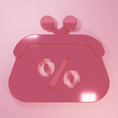 Pink Purse money percent icon isolated on pink background. Percent loyalty wallet sign. Minimalism concept. 3D render illustration.