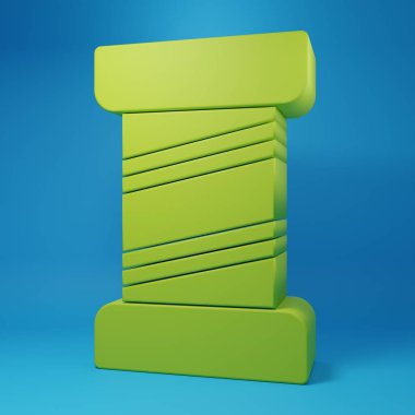 Mavi arkaplanda bulunan sembol üzerindeki yeşil dikiş ipliği. İplik makarası. İplik kutusu. Minimalizm kavramı. 3 Boyutlu resimleme.