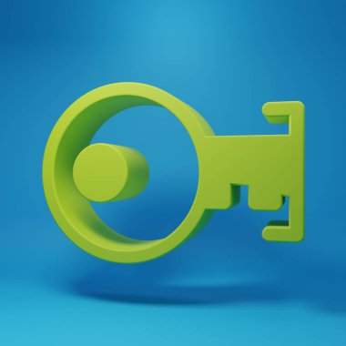 Mavi arkaplanda yeşil anahtar simgesi izole edildi. Minimalizm kavramı. 3 Boyutlu resimleme.